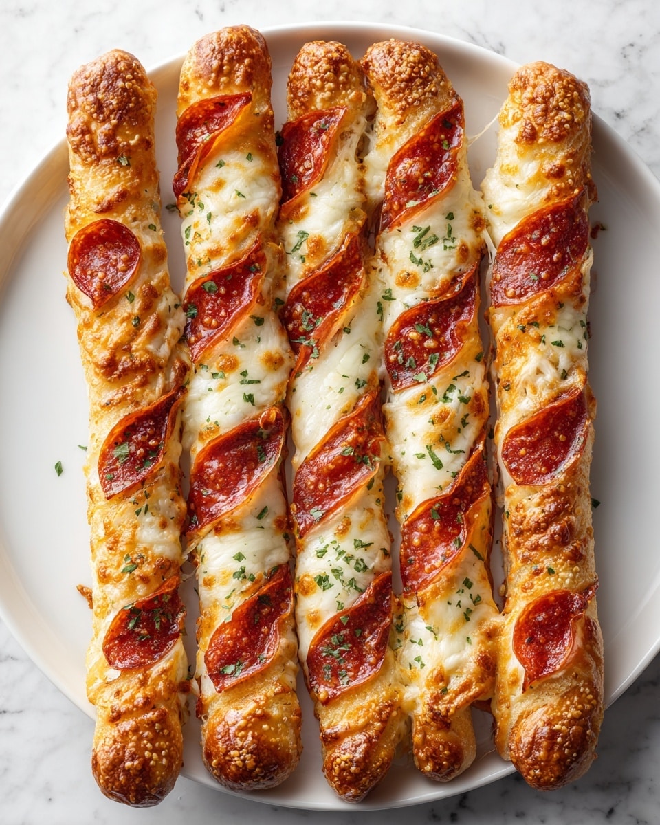 Five long breadsticks lie side by side on a large white plate placed on a white marbled texture. Each breadstick has a golden-brown crust as the base layer. On top, there are alternating diagonal stripes of melted white cheese and bright red pepperoni slices, slightly browned from baking. Small bits of chopped green herbs are sprinkled lightly over the cheese, adding color contrast. The cheese has a soft, slightly bubbly texture with browned spots, and the pepperoni slices are shiny with a little crisp on the edges. photo taken with an iphone --ar 4:5 --v 7