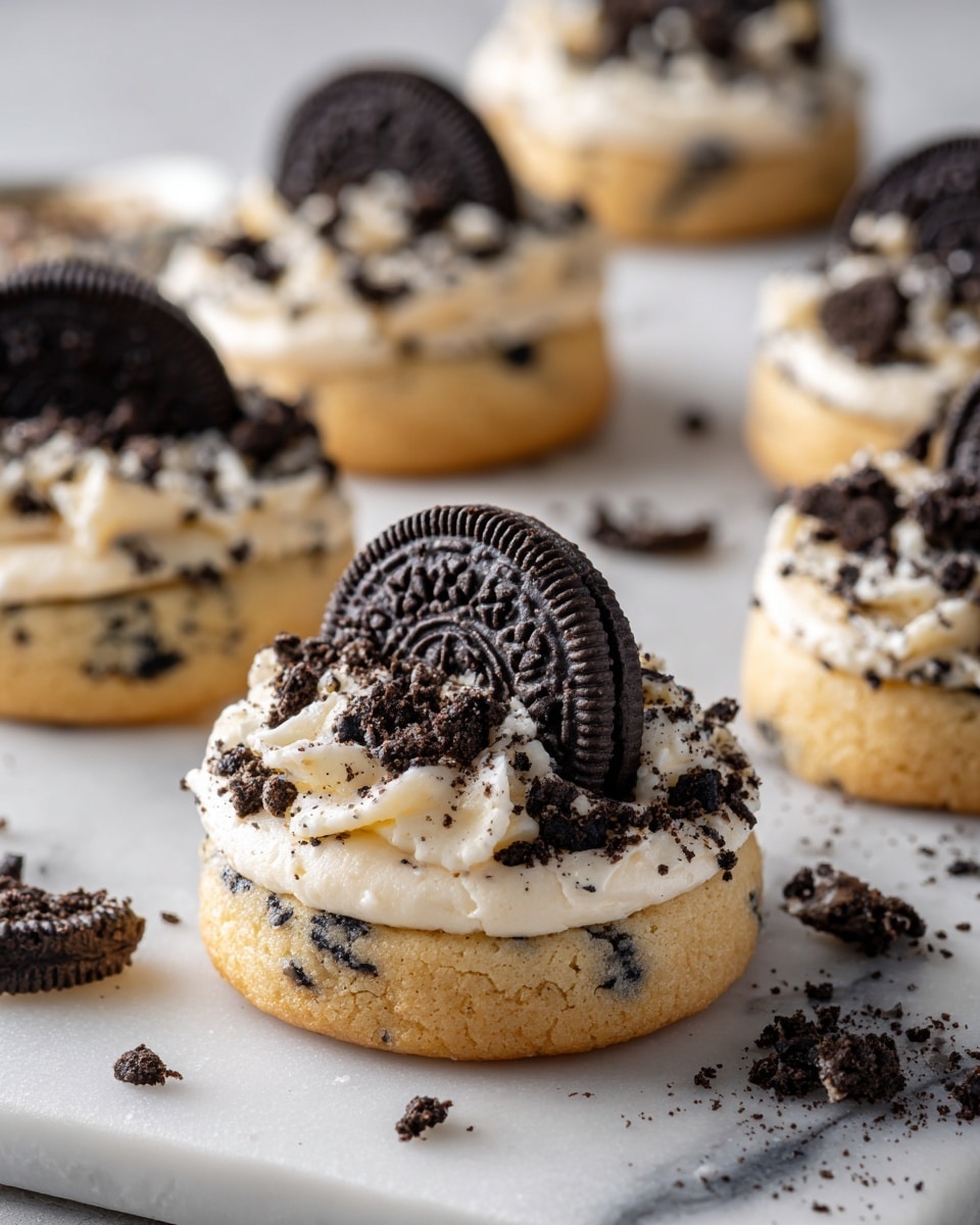 The image shows a close-up of several cookies on a white marbled surface. Each cookie has three layers: the base is a light brown baked dough with small dark specks throughout, the middle layer is a creamy white mix with crushed black cookie bits, and on top, a whole and broken black sandwich cookie piece sits in the center. Some cookie crumbs are scattered around them, adding texture and contrast. The cookies look soft and slightly risen photo taken with an iphone --ar 4:5 --v 7