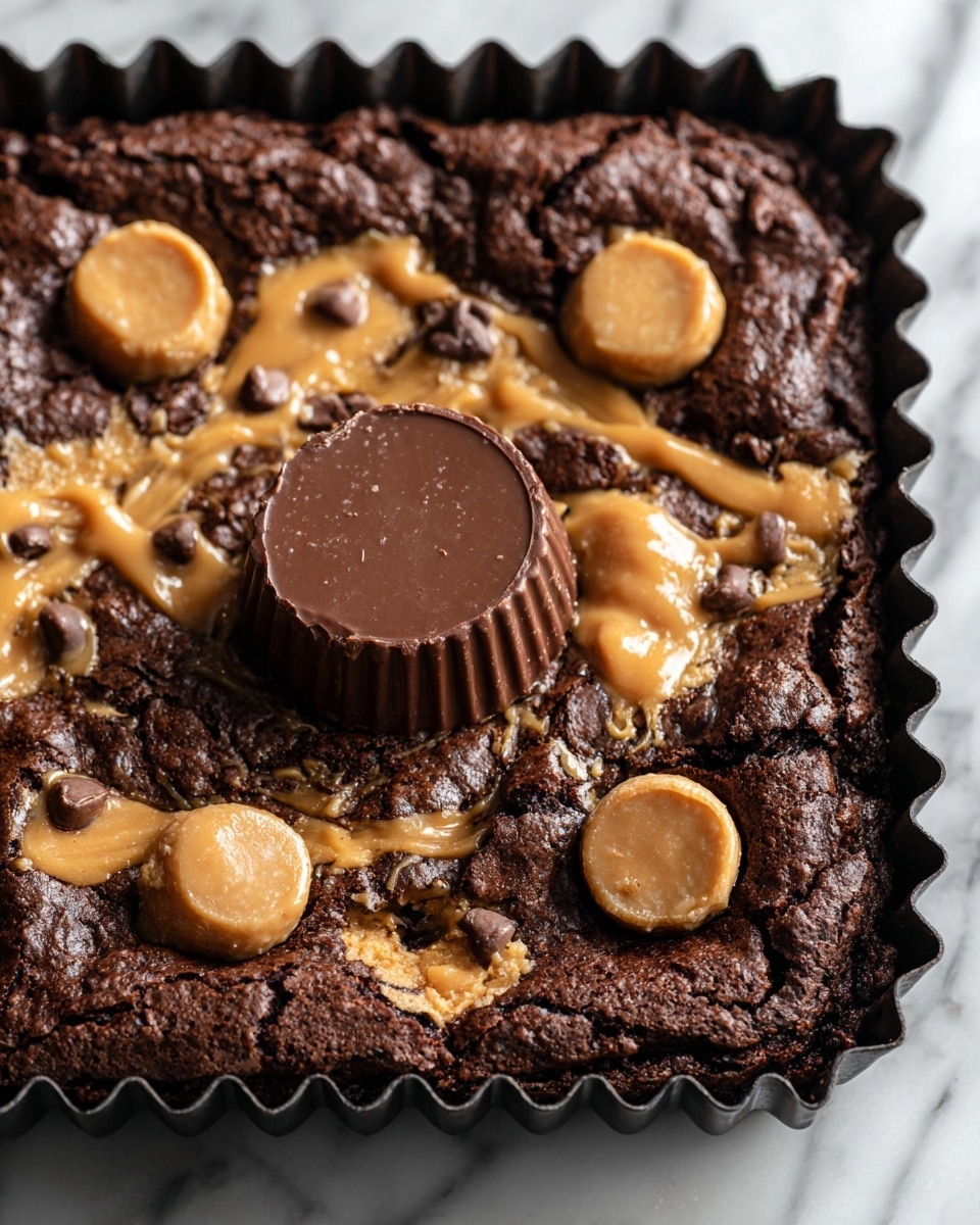 A close-up of a rectangular chocolate brownie in a black baking tray sits on a white marbled surface. The brownie has a rough, slightly cracked top with visible chunks of caramel-colored cookie dough and melted chocolate pieces spread unevenly across the surface. On top, there are three light caramel-colored round cookie discs and one large chocolate peanut butter cup in the center, slightly glossy with a smooth texture. The overall color is dark brown with shiny caramel and chocolate highlights. Photo taken with an iphone --ar 4:5 --v 7