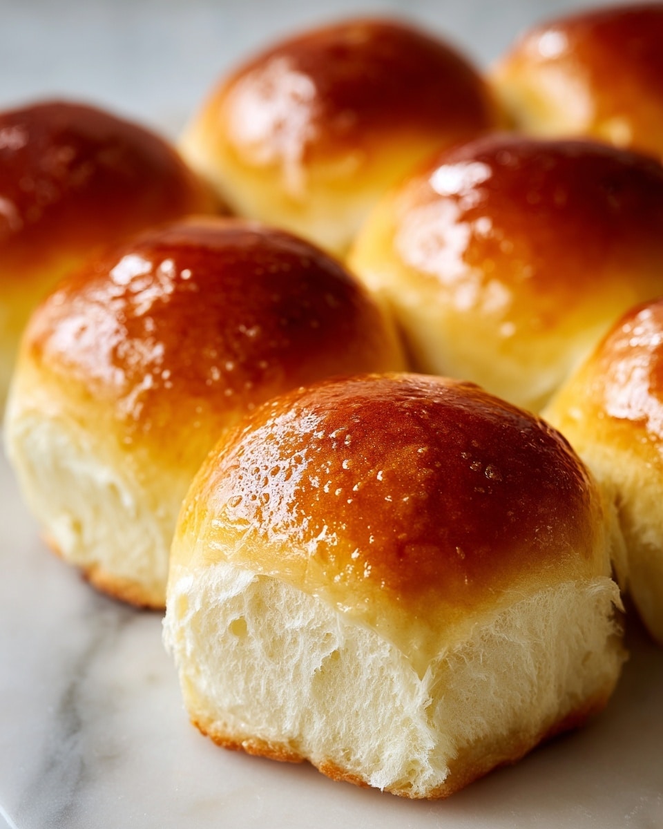 The image shows shiny, golden brown dinner rolls closely placed together on a white marbled surface. Each roll has a smooth, soft top with a slight gloss, and the sides are fluffy and light cream in color, showing a soft inner texture. The rolls appear fresh and warm, with a slight shine from possibly butter brushed on top, and the layers are simple with one main bread layer. The lighting highlights the softness and glossiness of the rolls. photo taken with an iphone --ar 4:5 --v 7