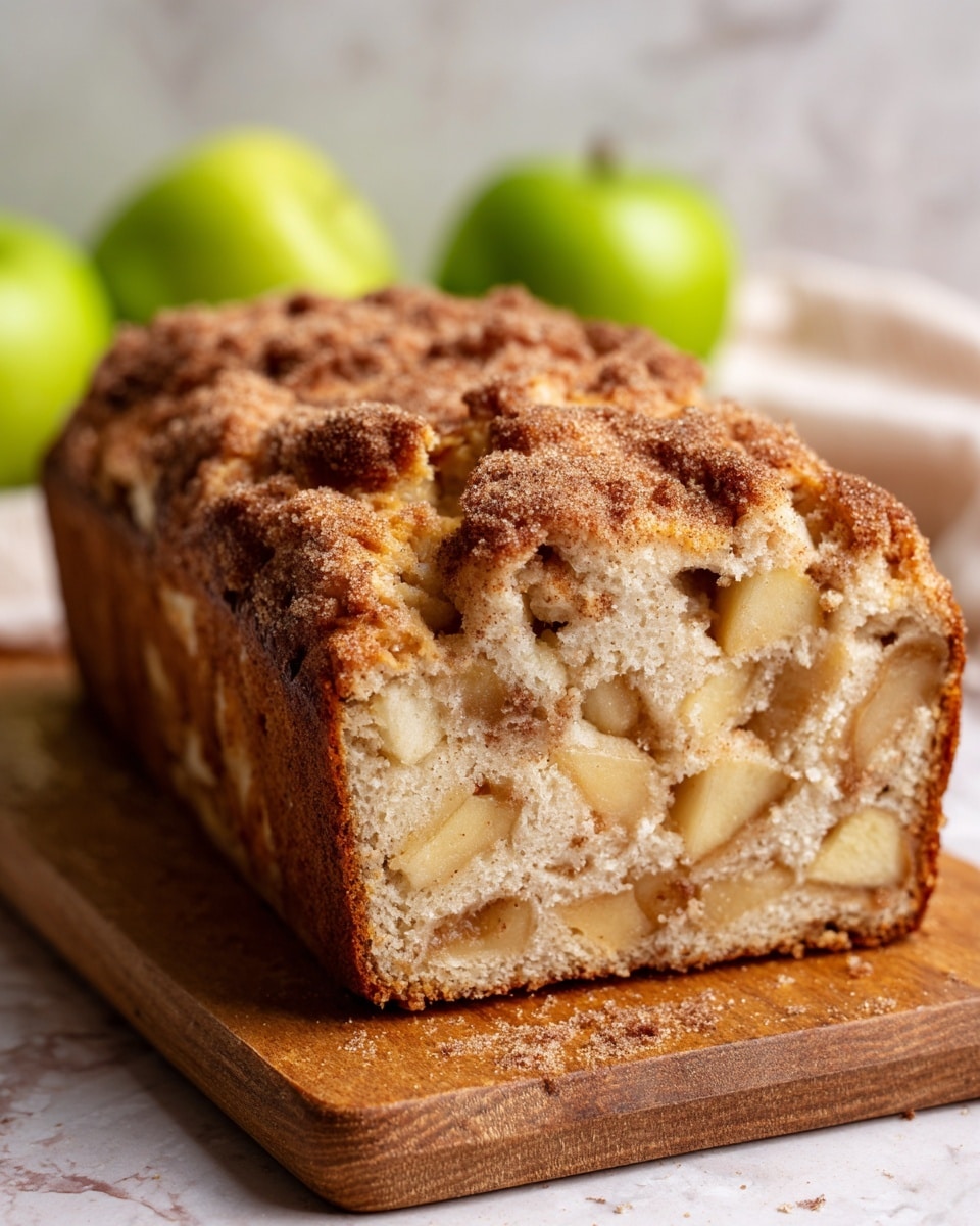 The image shows a loaf of apple bread with a soft, light beige inside filled with small, chunky pieces of cooked apple scattered throughout. The bread has a golden-brown crust on top with a crumbly, textured layer of cinnamon sugar sprinkled thickly across it. The bread is placed on a wooden board with a blurred white marbled background and a few green apples in the distance. Photo taken with an iphone --ar 4:5 --v 7