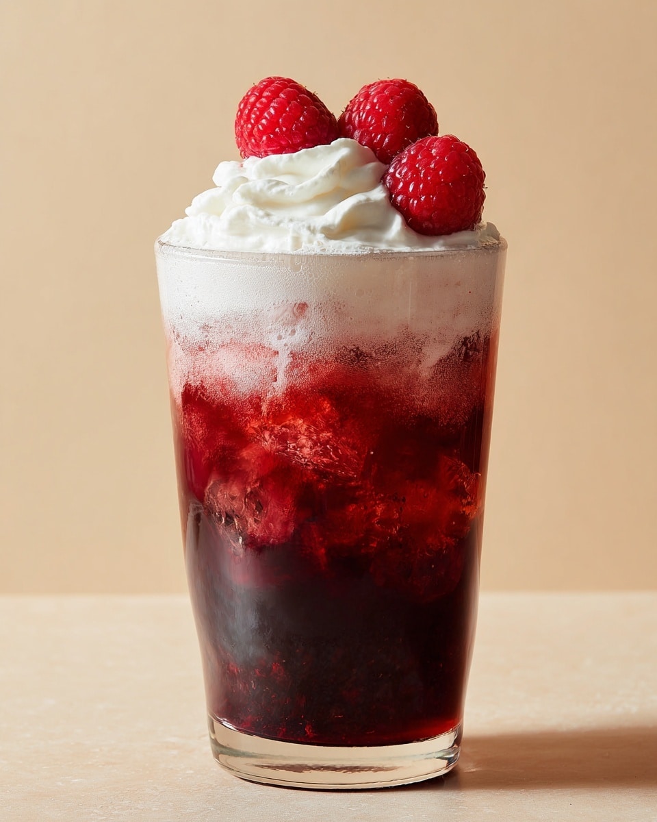 A clear glass filled with a three-layered drink starts with a deep red raspberry syrup at the bottom, followed by a thick layer of dark soda mixed with crushed ice in the middle, and topped with a creamy white foam that slightly drips down the glass sides. On top of the foam, there are three fresh bright red raspberries and a swirl of white whipped cream. The drink sits against a simple light beige background and appears very refreshing. photo taken with an iphone --ar 4:5 --v 7