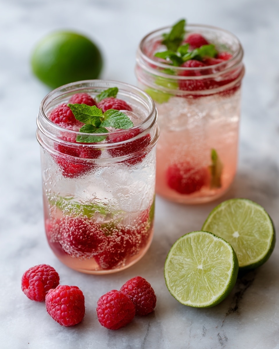 Two glass jars filled with a light pink drink with ice, each topped with red raspberries and fresh green mint leaves. One jar shows a clear liquid with bubbles and ice, while the other has a more opaque pink color with raspberries floating inside. Nearby on a white marbled surface, there are five fresh raspberries and two lime halves with bright green interiors. The jars and fruit are placed on a white marbled texture that looks like a worn wooden table. photo taken with an iphone --ar 4:5 --v 7
