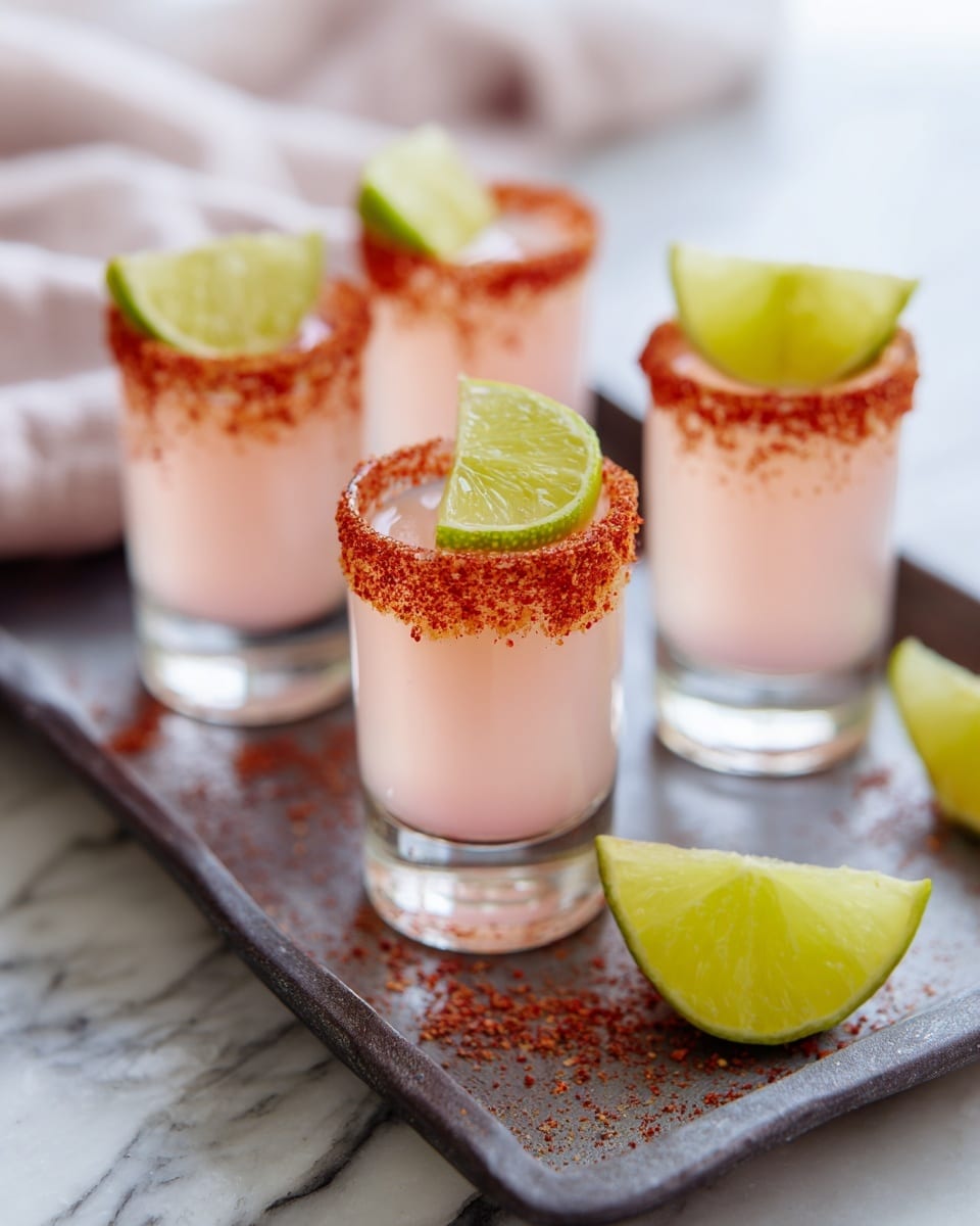 Four small clear shot glasses filled with light pink liquid are shown. Each glass has a thick rim coated in coarse red chili powder. Two of the glasses are topped with a bright green lime wedge placed on the rim. The glasses are set on a dark rectangular tray that rests on a white marbled surface. Another lime wedge with a yellow-green color lies on the surface near the front glass. The background has a soft white cloth. photo taken with an iphone --ar 4:5 --v 7