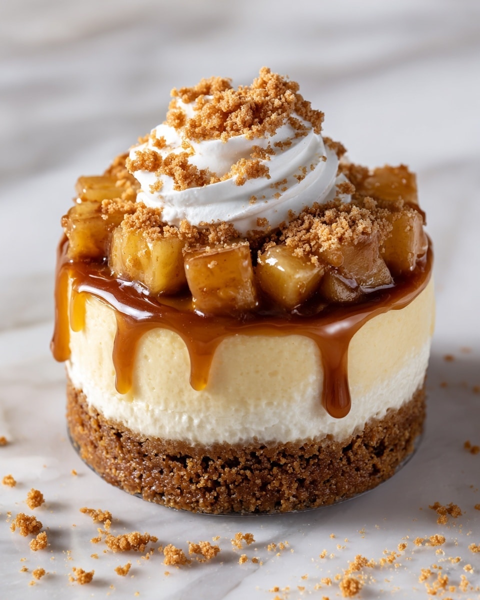 A small round cheesecake with three clear layers: the bottom layer is a crumbly brown crust with a rough texture, the middle layer is smooth and creamy pale yellow cheesecake, and the top layer is a mix of small diced golden apple pieces coated in shiny caramel sauce. On the very top, there is white whipped cream with a rough crumb topping sprinkled over it and some caramel sauce dripping down the sides. The dessert sits directly on a white marbled surface with a few crumbs scattered around. Photo taken with an iphone --ar 4:5 --v 7