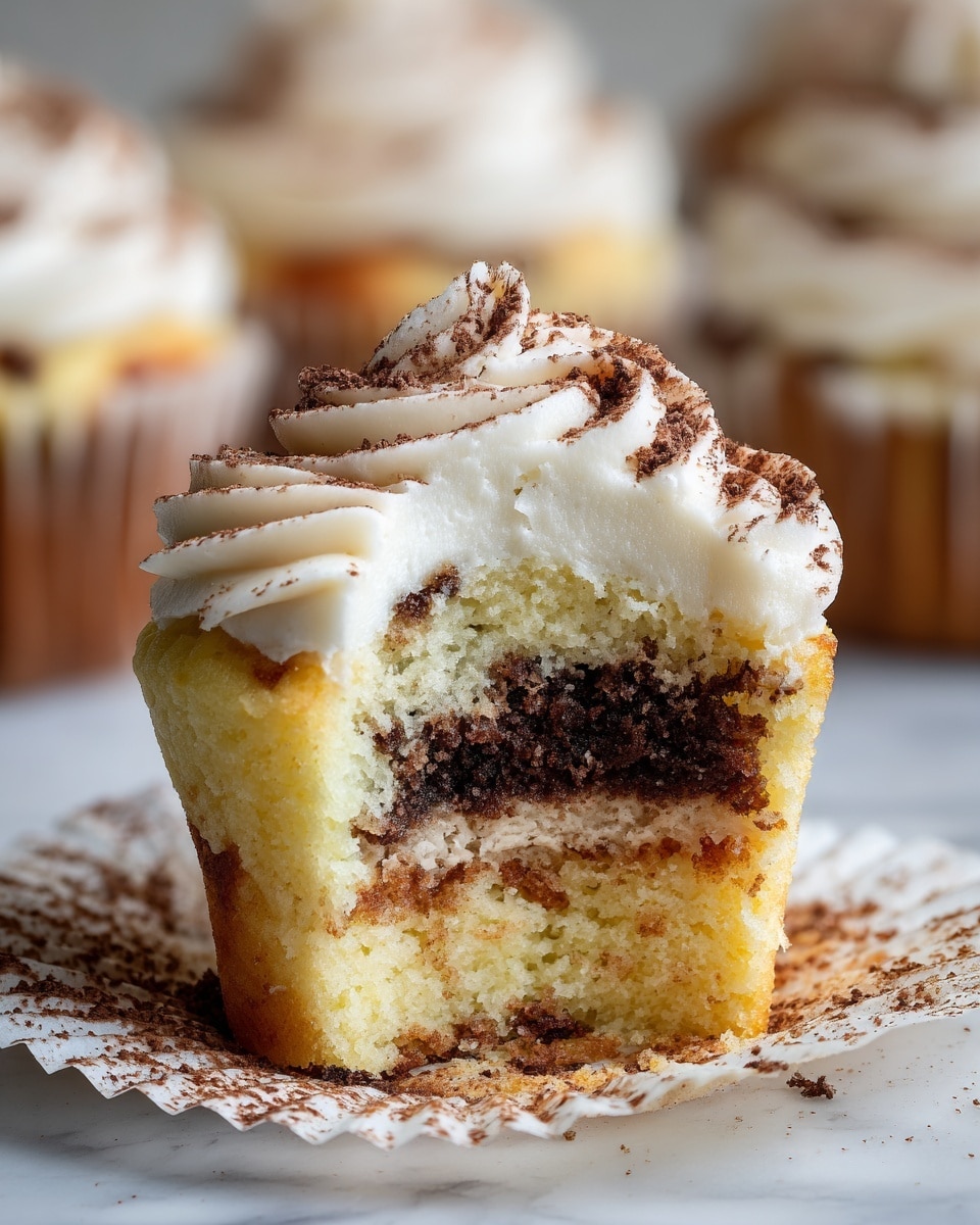 A close-up view of a cut cupcake shows four layers: the bottom layer is light yellow cake with darker chocolate spots, the middle layer is a dense white cream filling, the next layer is a thin, soaked chocolate cake, and the top layer is a swirl of white frosting with a dusting of cocoa powder. The cupcake is in a white paper liner, and there are more similar cupcakes blurred in the white marbled background. Cocoa powder is scattered around the cupcake on the white marbled surface. Photo taken with an iphone --ar 4:5 --v 7