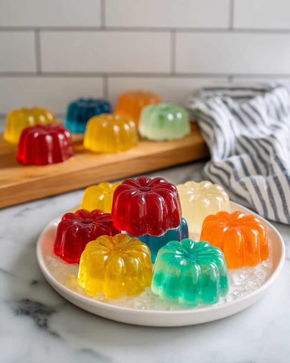The image shows a white plate filled with twelve colorful small jelly candies shaped like flowers, each with one thick layer. The jellies feature bright colors including yellow, red, orange, green, and blue, with a shiny, smooth, and slightly translucent texture. The plate is placed on a white marbled surface with water droplets visible around the jellies. In the background, more jellies of similar colors sit on a wooden board with a blurred white subway tile wall behind it, and a striped cloth is to the right. The scene is softly lit with natural light. photo taken with an iphone --ar 4:5 --v 7