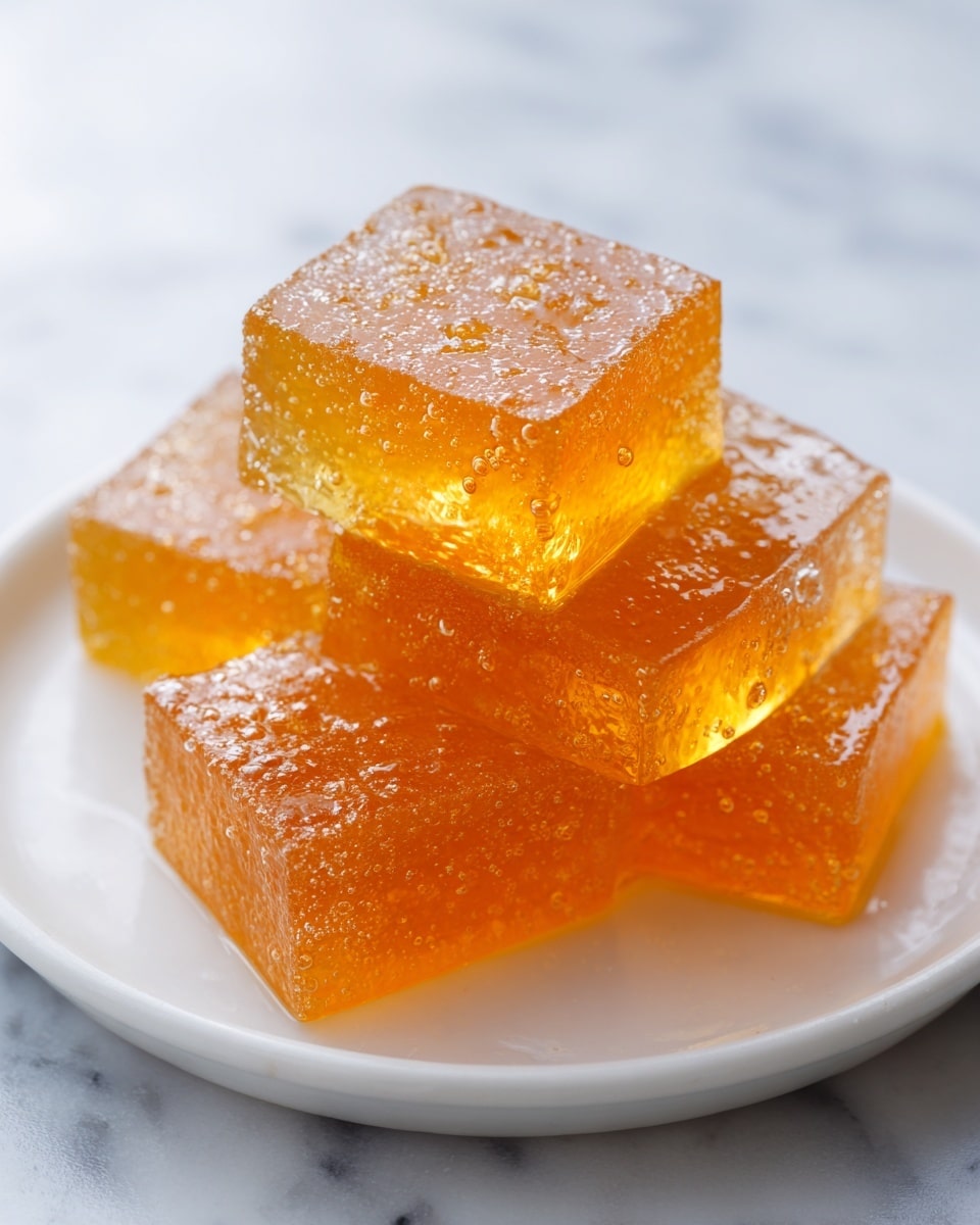 The image shows a close-up of several translucent amber jelly cubes with a shiny, wet surface sitting on a white plate. The cubes have smooth and slightly rounded edges, and tiny bubbles are visible inside and on the surface of each cube. The jelly pieces are stacked slightly unevenly, with one cube balanced on top of another near the center of the plate. The background is a soft white marbled texture that adds subtle contrast without drawing attention away from the jelly cubes. photo taken with an iphone --ar 4:5 --v 7