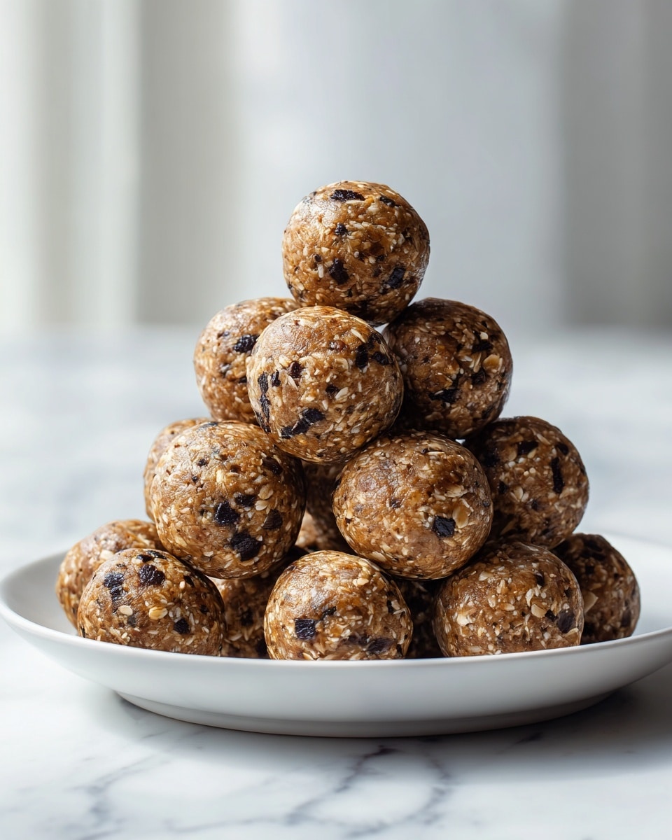 A white plate holds a stack of round energy balls arranged in a pyramid shape, each ball showing a rough texture with visible oats and small dark chocolate bits mixed throughout. The background is a bright white marbled surface, softly lit from a nearby window, highlighting the golden brown color of the energy balls. photo taken with an iphone --ar 4:5 --v 7