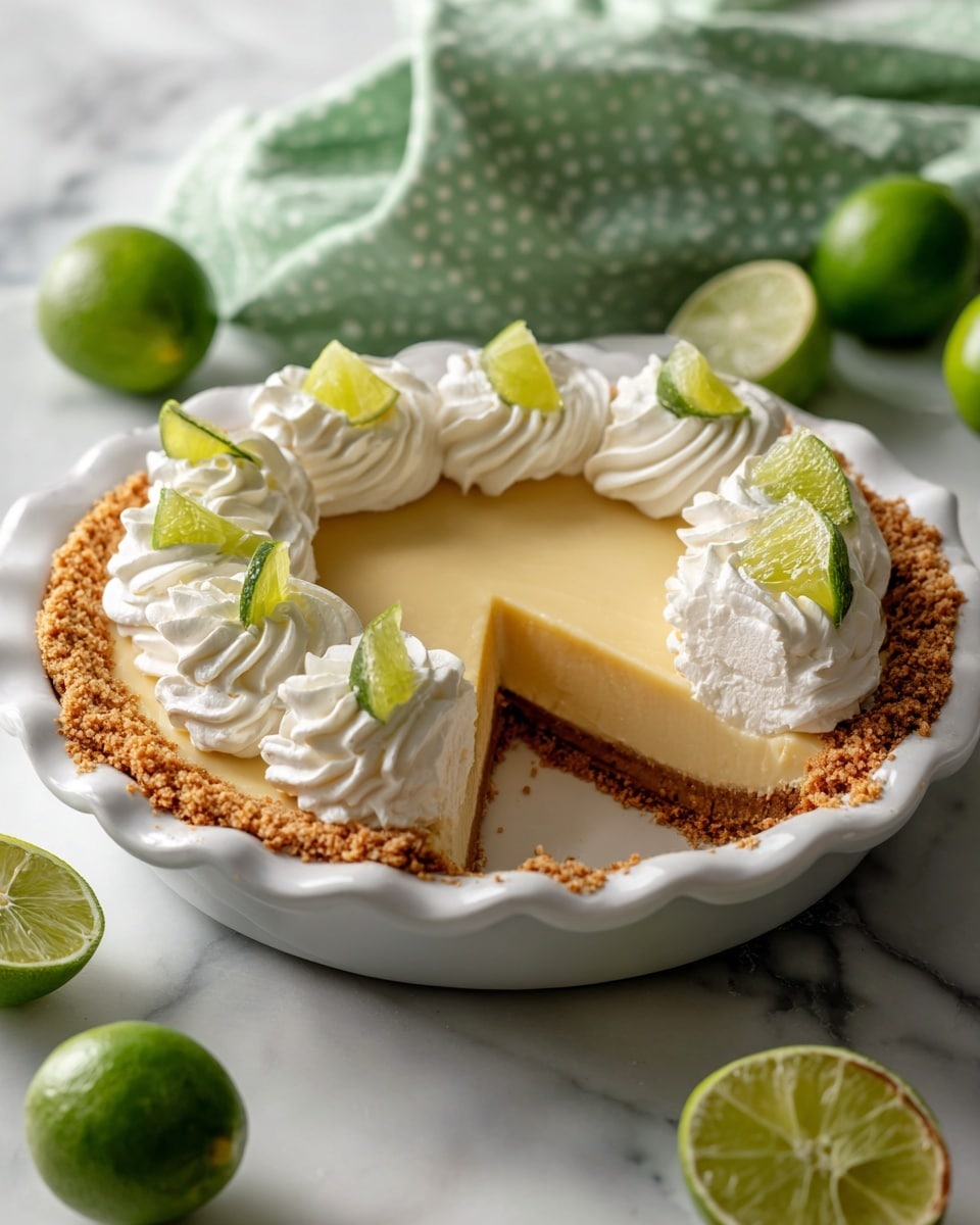 A white pie dish holds a pie with three layers: the crumbly light brown crust on the bottom and sides, a smooth pale yellow filling above it, and evenly spaced white whipped cream swirls on top, each topped with a small green lime wedge. One slice is being lifted, showing the neat layers and the smooth texture of the pie filling. The pie sits on a white marbled surface with whole green limes placed around it, and a soft green cloth with white polka dots can be seen in the background. photo taken with an iphone --ar 4:5 --v 7