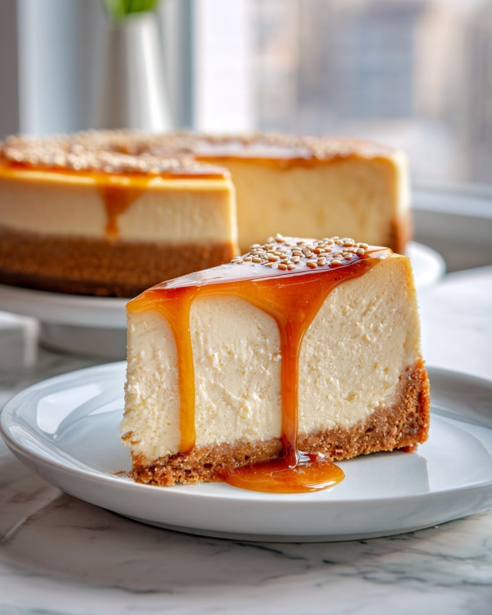 A slice of creamy, light beige cheesecake with a smooth texture sits on a white plate, topped with a glossy layer of golden honey that drips down the side, adding a shiny and sticky detail. The crust is thick and golden brown, firmly holding the cheesecake layer above it. In the background, the rest of the cheesecake shows a similar thick crust and creamy filling with honey and white sesame seeds sprinkled on top, all placed on a white marbled surface near a window with soft natural light. photo taken with an iphone --ar 4:5 --v 7
