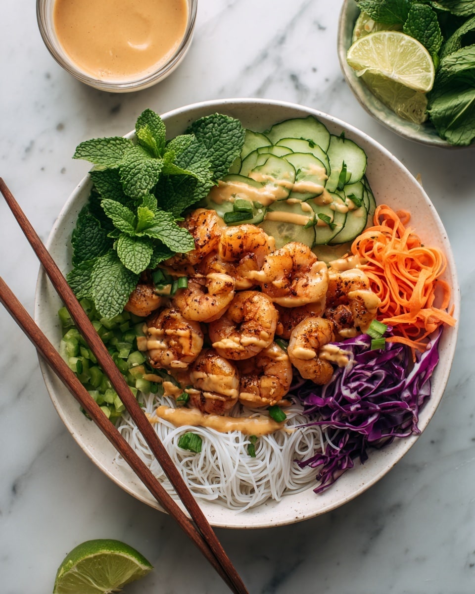 A white bowl filled with layers of thin, translucent rice noodles at the bottom, topped with cooked orange-brown shrimp scattered evenly. Around the shrimp, there are thinly sliced green cucumber rounds and curled bright orange carrot ribbons. Shredded purple cabbage adds a rich color beneath the noodles and shrimp. The dish is garnished with fresh green mint leaves, cilantro sprigs, and finely chopped herbs, all drizzled with a creamy light brown sauce. Two wooden chopsticks are placed on the left side, picking up some noodles and sauce. The background shows a white marbled surface with a small bowl of sauce and a bowl of fresh green leaves and lime wedges nearby. photo taken with an iphone --ar 4:5 --v 7