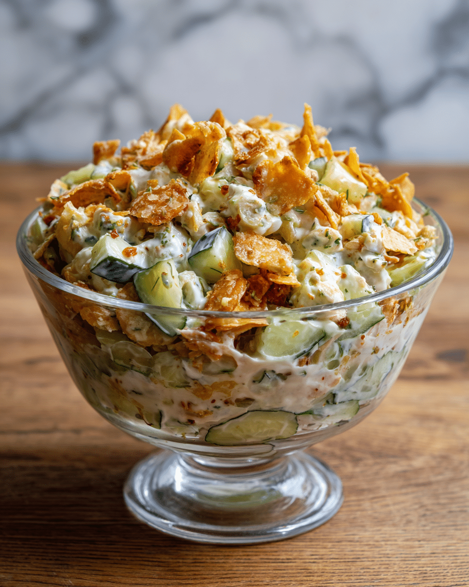A clear glass filled with multiple layers of a creamy, chunky salad featuring pieces of light green cucumber slices and pale yellow to light brown crispy chips. The salad is mixed with small bits of herbs or spices, giving a speckled look throughout. The glass sits on a wooden surface, but the background changes to a white marbled texture. The glass is filled to the top with the salad, showing a balance of soft and crunchy textures. Photo taken with an iphone --ar 4:5 --v 7