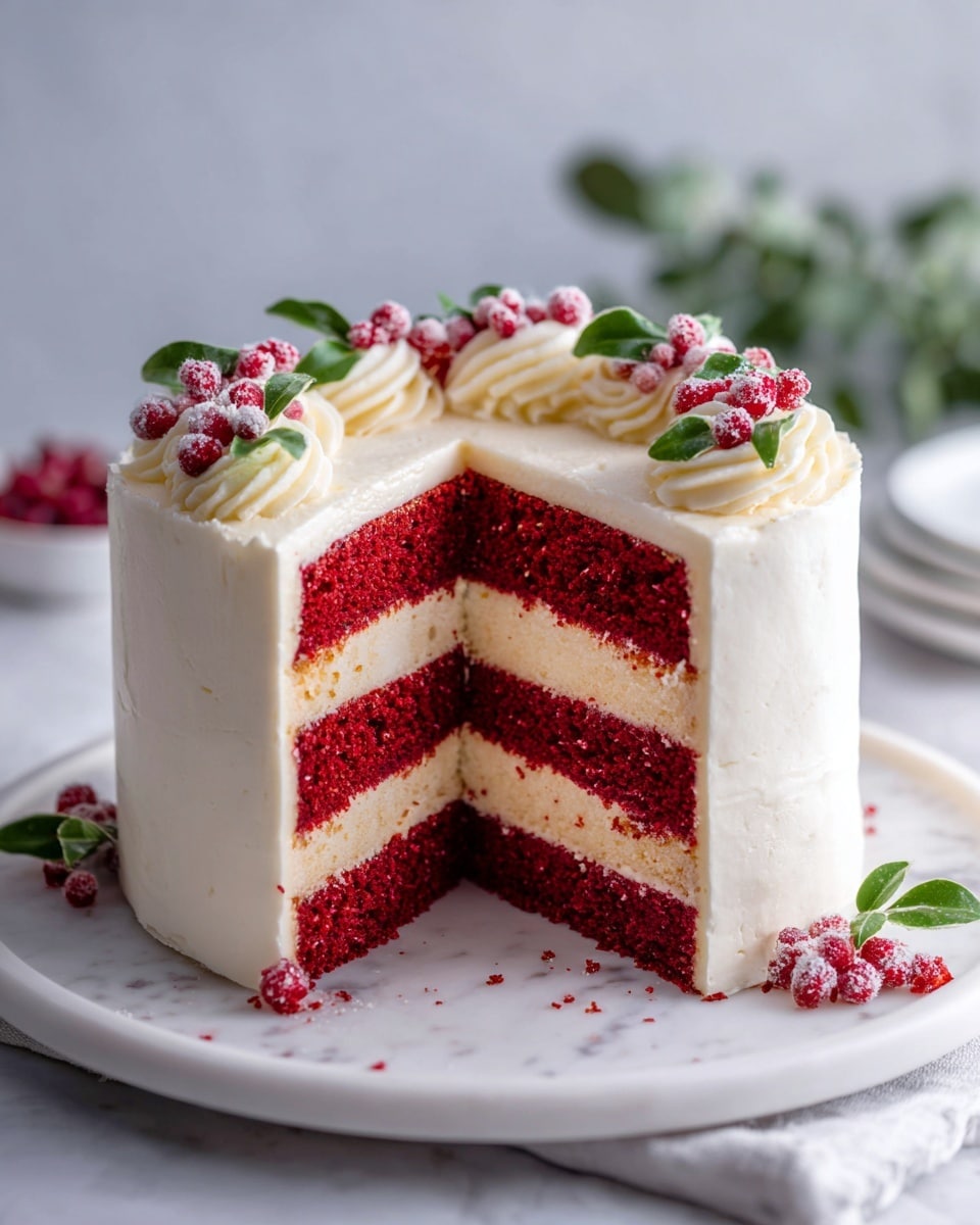The image shows a white cake with four red layers visible inside after a slice has been taken out. Each red layer is rich and moist, separated by smooth white cream frosting. The outside of the cake is covered evenly with white frosting, and the top is decorated with small red berries and green leaves arranged in a circle. The cake is placed on a white plate over a white marbled surface, with a slightly blurred green background. photo taken with an iphone --ar 4:5 --v 7
