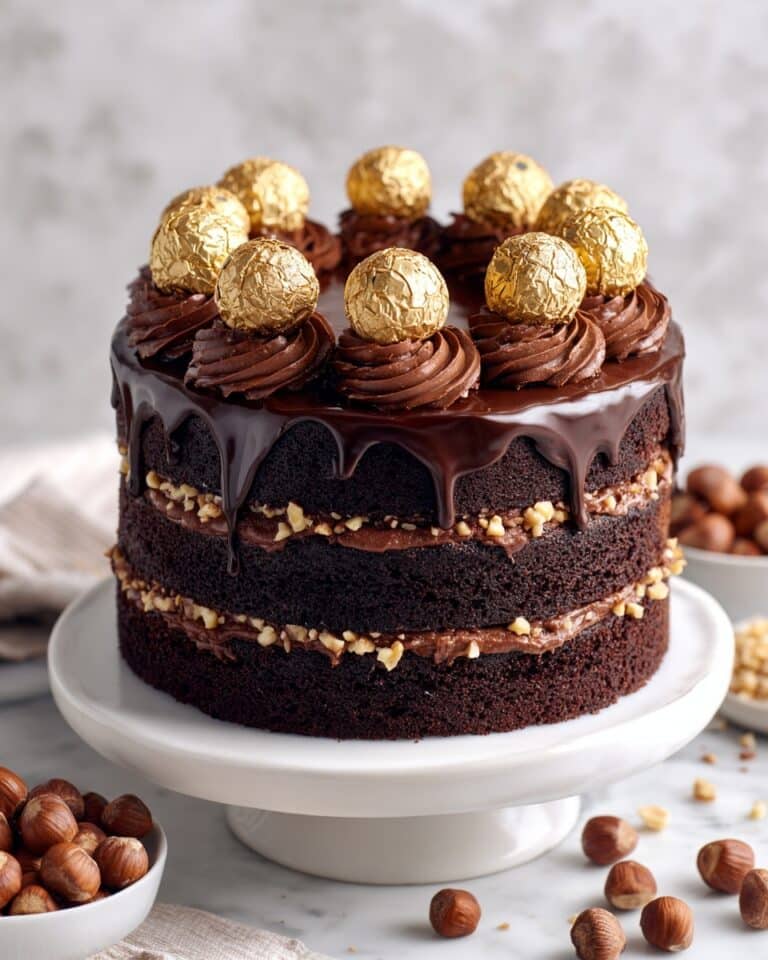 Ferrero Rocher Chocolate Cake with Hazelnut Frosting and Elegant Decoration Recipe