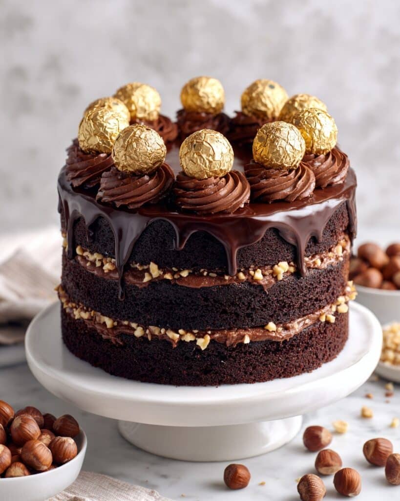 Ferrero Rocher Chocolate Cake with Hazelnut Frosting and Elegant Decoration Recipe