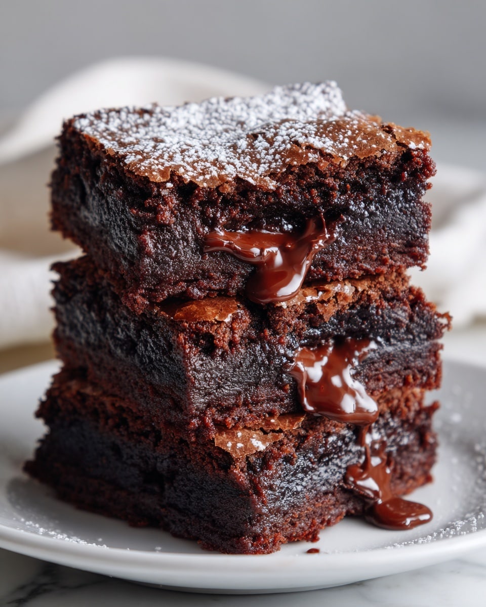 Three thick brownies are stacked on a white plate placed on a white marbled texture. Each brownie has a dark brown, glossy, and slightly cracked top layer with a dusting of powdered sugar. The middle layer is rich and gooey, with melted chocolate oozing out, showing a moist and dense texture. The bottom layer is firm and fudgy, supporting the stack with melted chocolate dripping slightly onto the plate. photo taken with an iphone --ar 4:5 --v 7