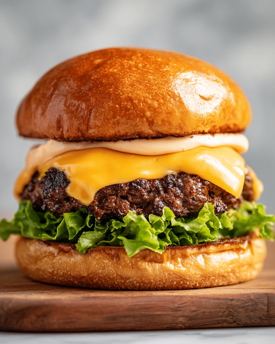 A close-up view of a cheeseburger with four main layers, set on a wooden surface replaced by a white marbled texture: the top layer is a soft, shiny, golden-brown bun with a slightly darker spot on the top right; beneath it, a layer of creamy, light beige sauce rests directly on a melted slice of bright orange cheddar cheese; below the cheese, there is a thick, juicy dark brown beef patty with a textured surface; near the bottom, fresh, crinkled green lettuce peeks out above the bottom half of the shiny golden-brown bun, which looks soft and slightly toasted. photo taken with an iphone --ar 4:5 --v 7