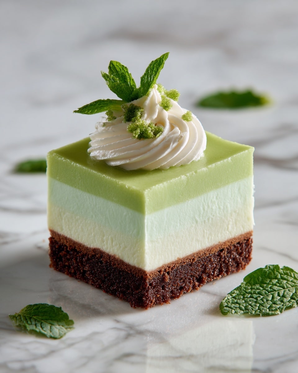 The image shows a square dessert with three clear layers on a white marbled surface. The bottom layer is dark brown, thick and crumbly like a cookie crust. The middle layer is a light green, smooth and fluffy cream, making up most of the dessert’s height. The top layer is a thinner, slightly brighter green layer with a smooth finish. On top, there is a swirl of white whipped cream in the center, decorated with small green leaves around it. A few more green leaves are scattered nearby on the surface. Photo taken with an iphone --ar 4:5 --v 7
