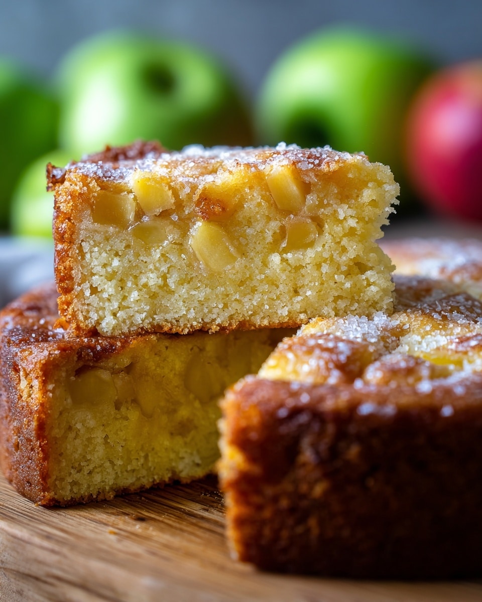A close-up view of a soft, thick slice of apple cake held above showing its roughly two layers: the bottom one is light yellow with visible chunks of cooked apples, soft and moist, while the top layer is a golden-brown crust with a slightly rough texture and a light dusting of sugar crystals. The edges of the cake are crisp and browned, and the background shows blurred green and red apples on a white marbled surface. A small piece of red apple is also partially visible near the bottom left corner. Photo taken with an iphone --ar 4:5 --v 7