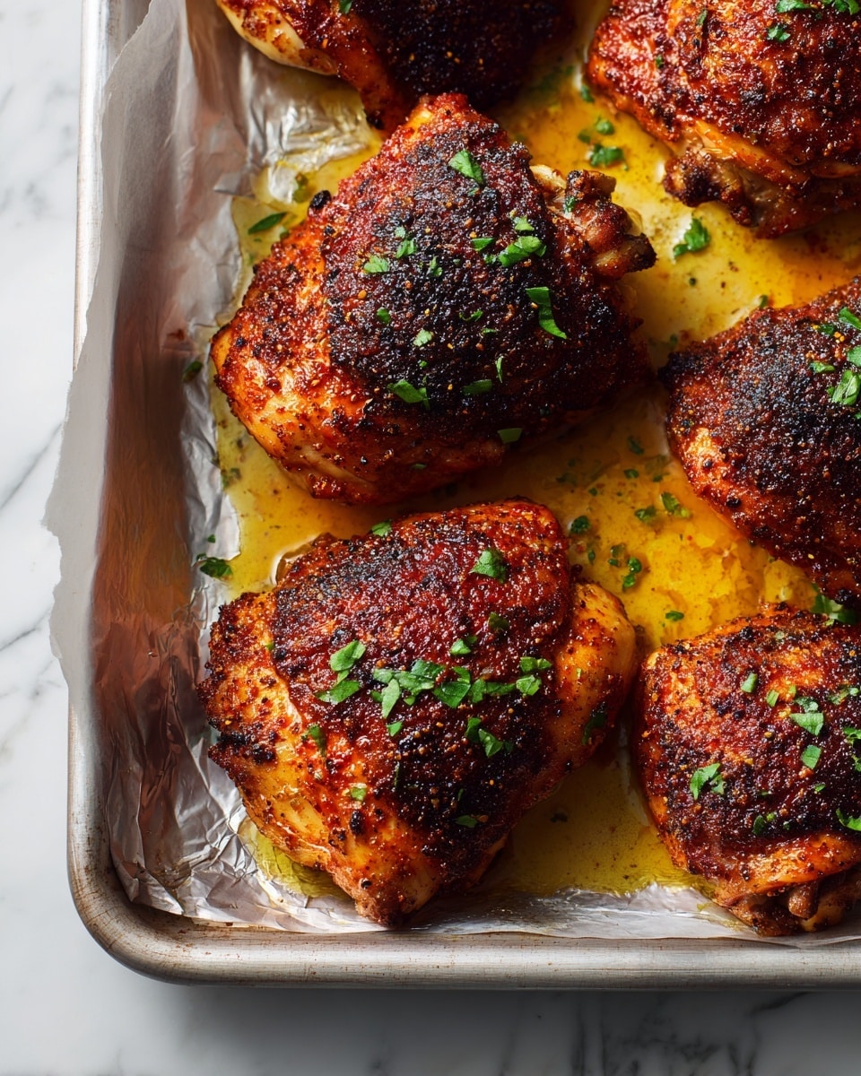 The close-up image shows several pieces of roasted chicken thighs with a crispy, dark brown crust, coated with a rich, shiny glaze of reddish-brown sauce. The chicken is sprinkled with small pieces of fresh green herbs, placed on a white tray lined with foil, which has pools of the thick sauce around the chicken. The texture of the chicken skin looks crunchy with a slightly oily sheen, and the sauce gives it a moist and juicy appearance. The background is a white marbled texture. photo taken with an iphone --ar 4:5 --v 7
