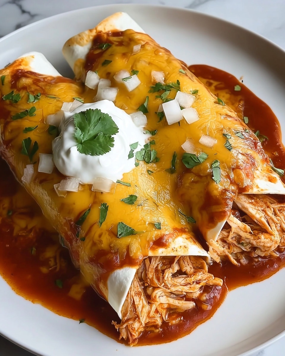 Two chicken enchiladas lie side by side on a white plate with a white marbled texture in the background. Each enchilada is wrapped in a soft white tortilla filled with shredded chicken mixed in a reddish-brown sauce. The top layer is covered with a thick, melted bright yellow cheese that glistens and stretches over the chicken filling. On top of the cheese, there are small pieces of white onion and green cilantro leaves for garnish. One enchilada has a dollop of white sour cream placed in the center, also topped with a small cilantro leaf. The reddish sauce pools around the base of the enchiladas, slightly soaking the plate. photo taken with an iphone --ar 4:5 --v 7