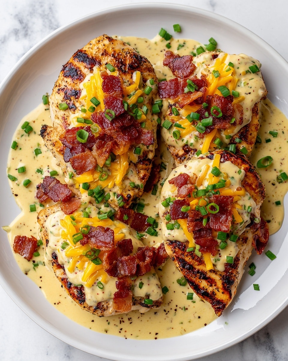 Three grilled chicken breasts are arranged on a white plate over a white marbled surface. Each chicken breast is layered with creamy, pepper-speckled sauce that covers the top and sides, pooling slightly on the plate beneath. On top of the sauce, bright yellow shredded cheese is melted slightly, adding a soft texture. Crispy, dark reddish-brown bacon pieces are scattered generously across the cheese and sauce. Fresh chopped green onions add a touch of vibrant green, sprinkled on top of each chicken piece and around them on the plate. The image is close up, showing the textures of the grilled chicken with their golden-brown sear marks and moist sauce droplets. Photo taken with an iphone --ar 4:5 --v 7