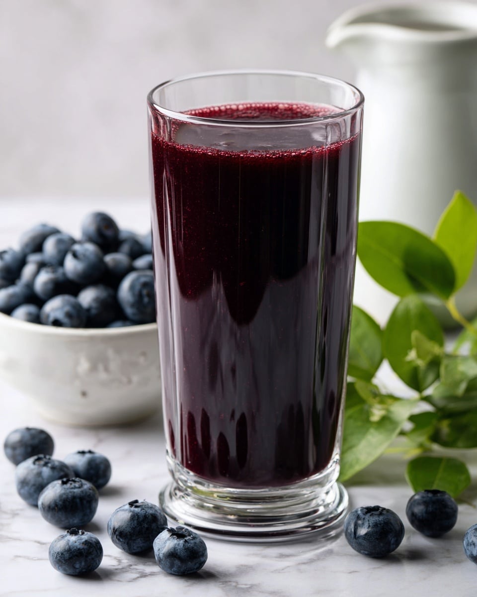 A tall clear glass filled to the top with dark purple blueberry juice, showing a smooth and glossy surface, sits on a white marbled texture. Around the base of the glass, several whole blueberries lie scattered, with a small white bowl filled with more blueberries placed slightly blurred behind to the left. Bright green leaves with visible veins frame the right side of the glass, while a white ceramic jug with a handle sits softly blurred in the far background. The overall scene is clean and bright. photo taken with an iphone --ar 4:5 --v 7