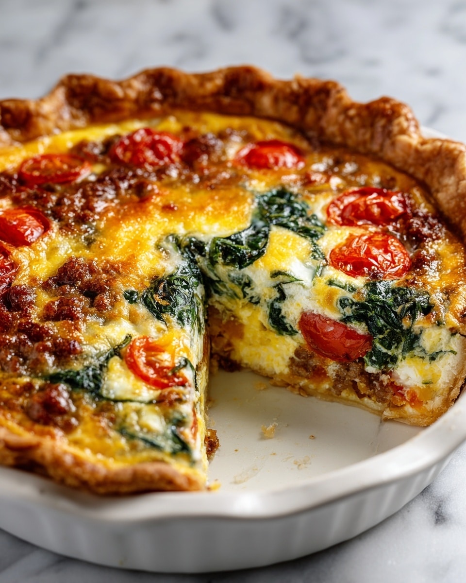 A close-up image of a savory quiche with a golden-brown, flaky crust in a white fluted pie dish. The quiche has a colorful top layer with bright red tomato slices and dark green spinach leaves spread evenly. The creamy, light yellow egg filling is visible between the tomatoes and spinach, showing a smooth texture. One slice is slightly lifted, revealing the thickness of about three layers: crust on the outside, egg filling in the middle, and vegetables on the top. The dish is placed on a white marbled surface. Photo taken with an iphone --ar 4:5 --v 7