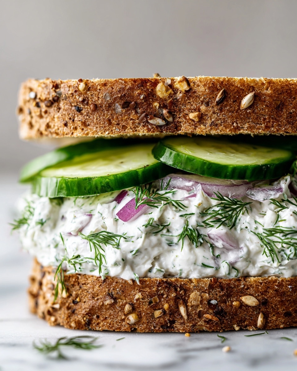 A close-up of a sandwich showing two thick slices of multigrain bread with visible seeds on the crust. Inside, there is a creamy white spread mixed with small pieces of red onion and fresh green dill, covering the bottom slice. On top of that, there is a layer of crisp, green cucumber slices, partially covered again by more of the creamy spread with dill. The sandwich is resting on a white marbled surface. photo taken with an iphone --ar 4:5 --v 7