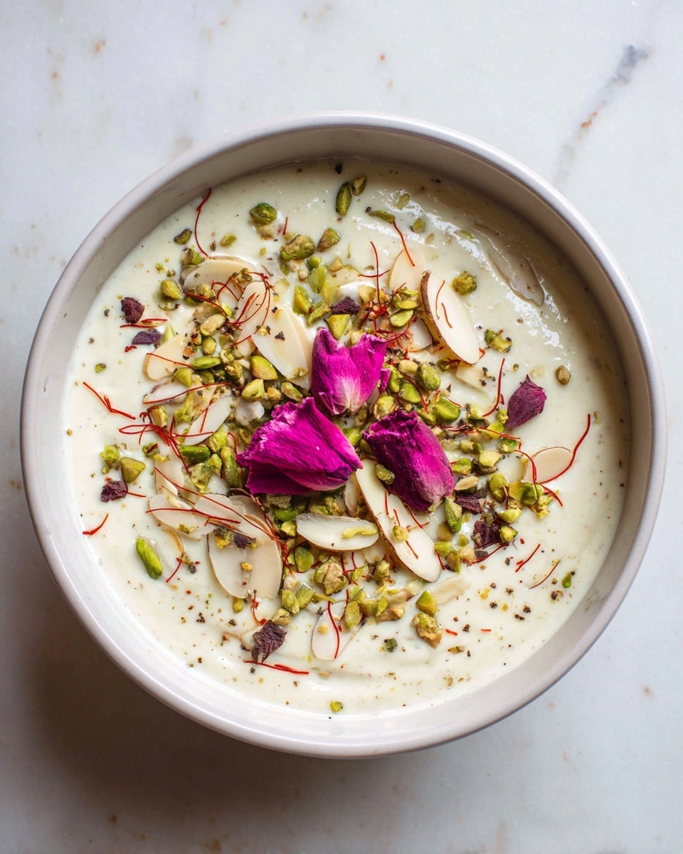 A white bowl filled with a creamy, light beige pudding topped with thin slices of almonds, bright green pistachios, saffron strands, and whole nuts like almonds and pistachios scattered across the surface. There are also a few deep pink flower petals in the center, adding a pop of color on top of the smooth pudding. The bowl sits on a white marbled surface, and the photo shows the bowl from a slightly angled top view. Photo taken with an iphone --ar 4:5 --v 7