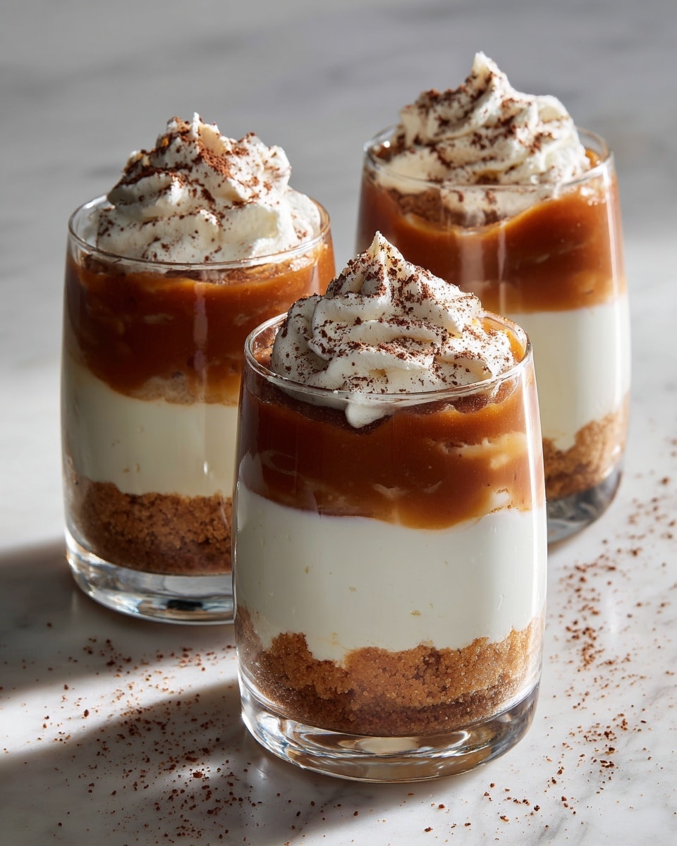 Three clear glasses sit on a white marbled surface, each filled with three visible layers. The bottom layer is a light brown crumbly base, resembling crushed cookies. Above it is a thick, creamy white layer that looks smooth and soft. The top layer is a glossy caramel-brown, slightly swirled. Each glass is topped with a dollop of whipped cream sprinkled with a fine dusting of cocoa powder. Light from the side creates soft shadows and highlights the texture and shine of the layers. Photo taken with an iphone --ar 4:5 --v 7