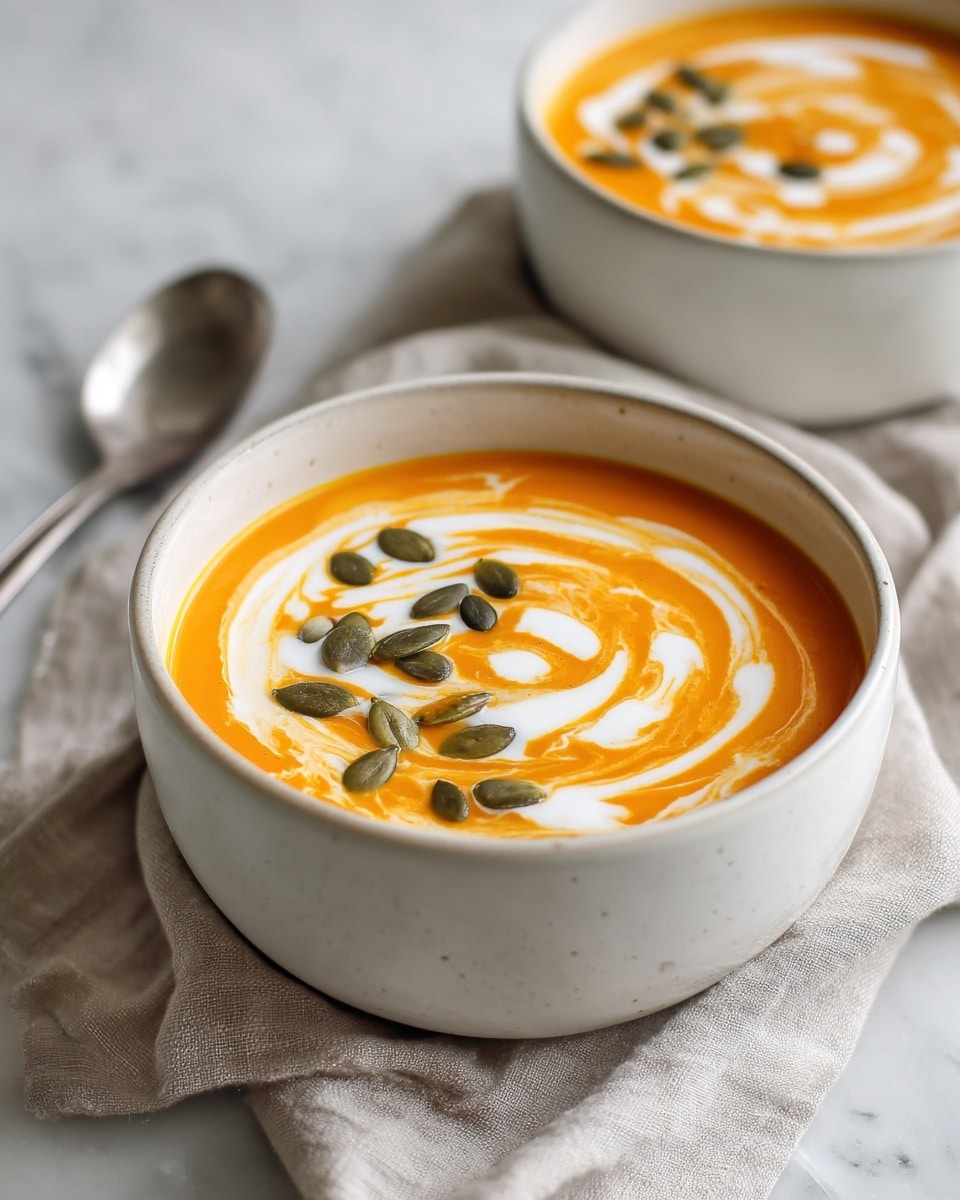The image shows a bowl of smooth orange soup with two visible layers: a thick orange base filling the white bowl and a swirl of white cream on top that forms a circular pattern. In the center of the cream swirl are dark green pumpkin seeds scattered, adding texture and contrast. The soup bowl sits on a soft, light-colored cloth spread over a white marbled surface, next to a metal spoon on the left side. In the background, there is another similar bowl of soup slightly out of focus. photo taken with an iphone --ar 4:5 --v 7