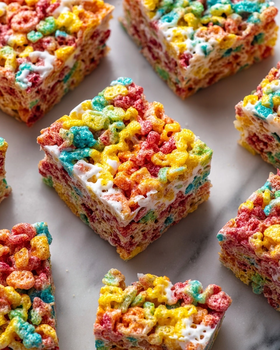 The image shows several square pieces of Fruity Pebbles Rice Krispie Treats arranged close together on a white marbled surface. Each treat is made up of a single thick layer filled with colorful, small, and crunchy Fruity Pebbles cereal sticks held together by white, sticky, melted marshmallow, giving the treats a glossy and slightly stretchy texture. The cereal pieces are bright in various colors, including red, yellow, orange, green, and blue, with the marshmallow strands visible between the pieces, connecting them in a web-like pattern. The treats have uneven, rough edges where the marshmallow pulls away slightly. photo taken with an iphone --ar 4:5 --v 7