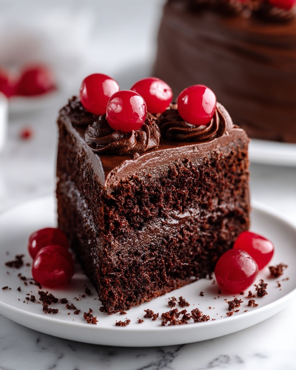 A close-up of a rich chocolate cake slice with two visible layers: the bottom layer is a dark, moist, crumbly chocolate cake, and the top layer is smooth, thick chocolate frosting spread evenly with a slightly swirled texture. On top of the frosting, there are glossy bright red cherries placed evenly across the slice. The cake sits on a white plate on a white marbled surface, and the crumbs from the cake are scattered around the base. The background is softly blurred, highlighting the cake’s details. Photo taken with an iphone --ar 4:5 --v 7