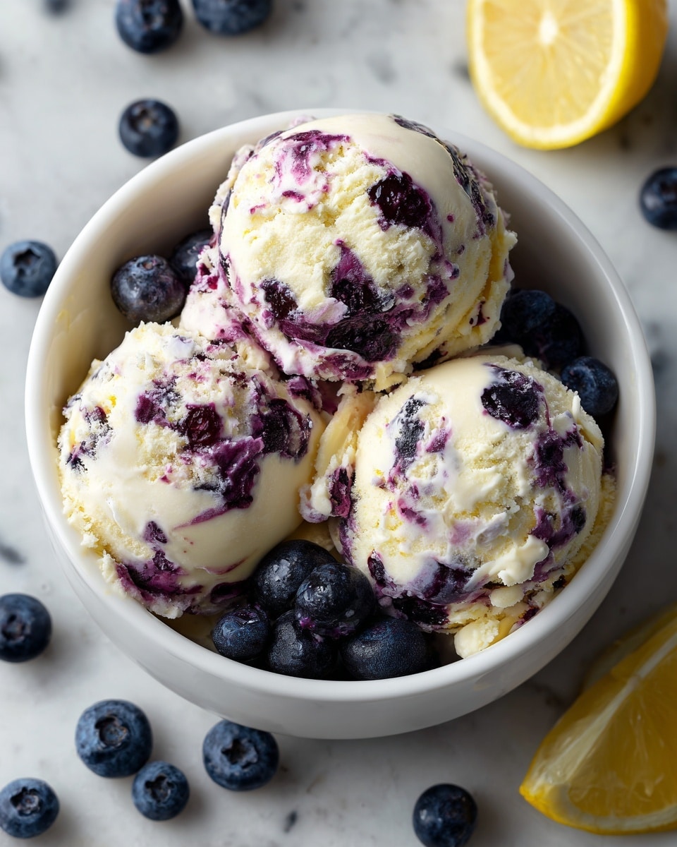 A white bowl filled with three scoops of creamy ice cream mixed with dark purple blueberries, showing a creamy pale yellow base with purple blueberry swirls and whole blueberries embedded throughout. Fresh dark blue blueberries are also placed around the scoops inside the bowl. The bowl sits on a white marbled textured surface with scattered blueberries and a lemon wedge on the side. The ice cream texture looks soft and smooth, with a slight melting effect on the edges. Photo taken with an iphone --ar 4:5 --v 7