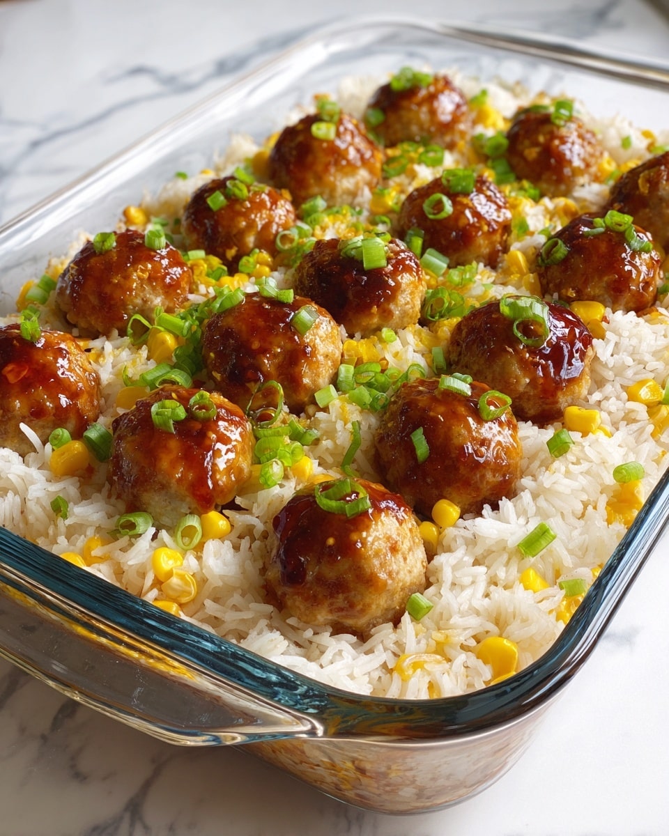 A glass baking dish filled with a single layer of cooked white rice mixed with small yellow corn pieces and green onion slices, topped evenly with glossy, browned meatballs showing a shiny glaze, all sitting on a white marbled surface. photo taken with an iphone --ar 4:5 --v 7