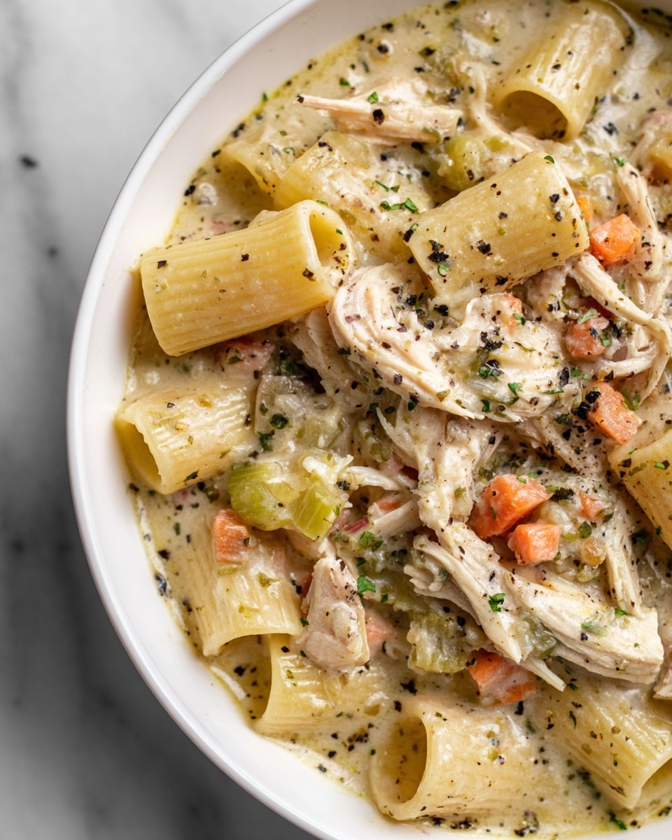 The image shows a close-up of a creamy chicken pasta soup in a white bowl placed on a white marbled surface. The dish has layers starting with tubular pasta pieces evenly spread throughout. Shredded chicken pieces are scattered over the pasta, mixed with small chunks of orange carrots and bits of celery, all coated in a thick, creamy beige broth speckled with black pepper and green herb flakes. The textures contrast between the soft pasta, tender chicken, and chunky vegetables, creating a rich, comforting appearance. photo taken with an iphone --ar 4:5 --v 7