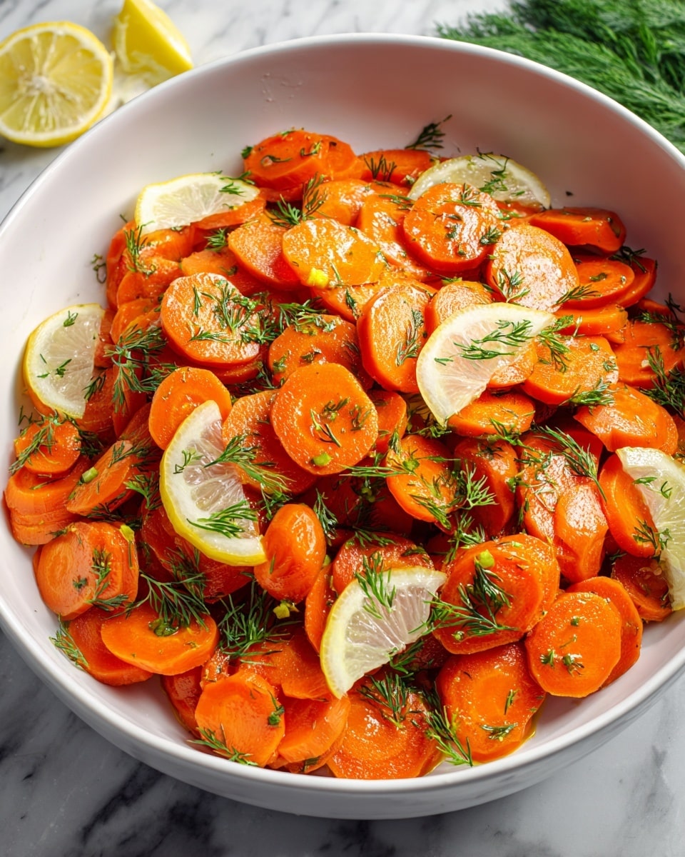 A white bowl filled with bright orange carrot slices cooked and mixed with fresh green dill leaves scattered on top and throughout. Thin lemon slices are placed evenly among the carrots, adding pops of yellow and pale white. The carrots have a shiny, slightly glazed texture showing they are coated in some dressing or oil. The bowl sits on a white marbled surface with some green blurred in the background. photo taken with an iphone --ar 4:5 --v 7