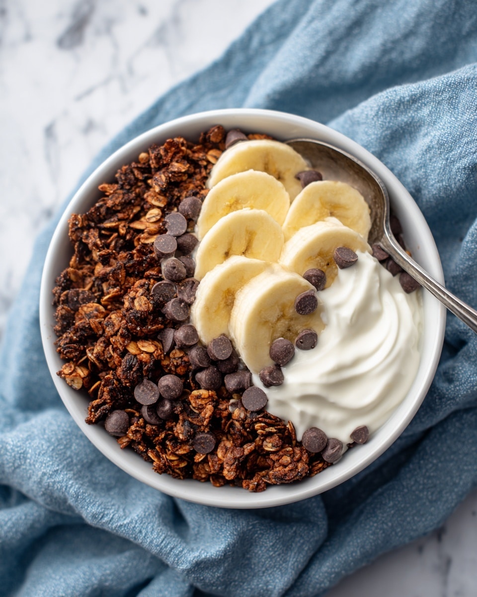 A white bowl holds a layered dish of brown, chunky granola mixed with dark chocolate chips spread across the top. Near the center of the bowl, thin slices of banana with a light yellow inside and brown edges rest atop the granola. On the right side, a silver spoon scoops up some creamy white yogurt that blends slightly into the granola. The bowl sits on a soft blue cloth, all placed on a white marbled textured surface. Photo taken with an iphone --ar 4:5 --v 7
