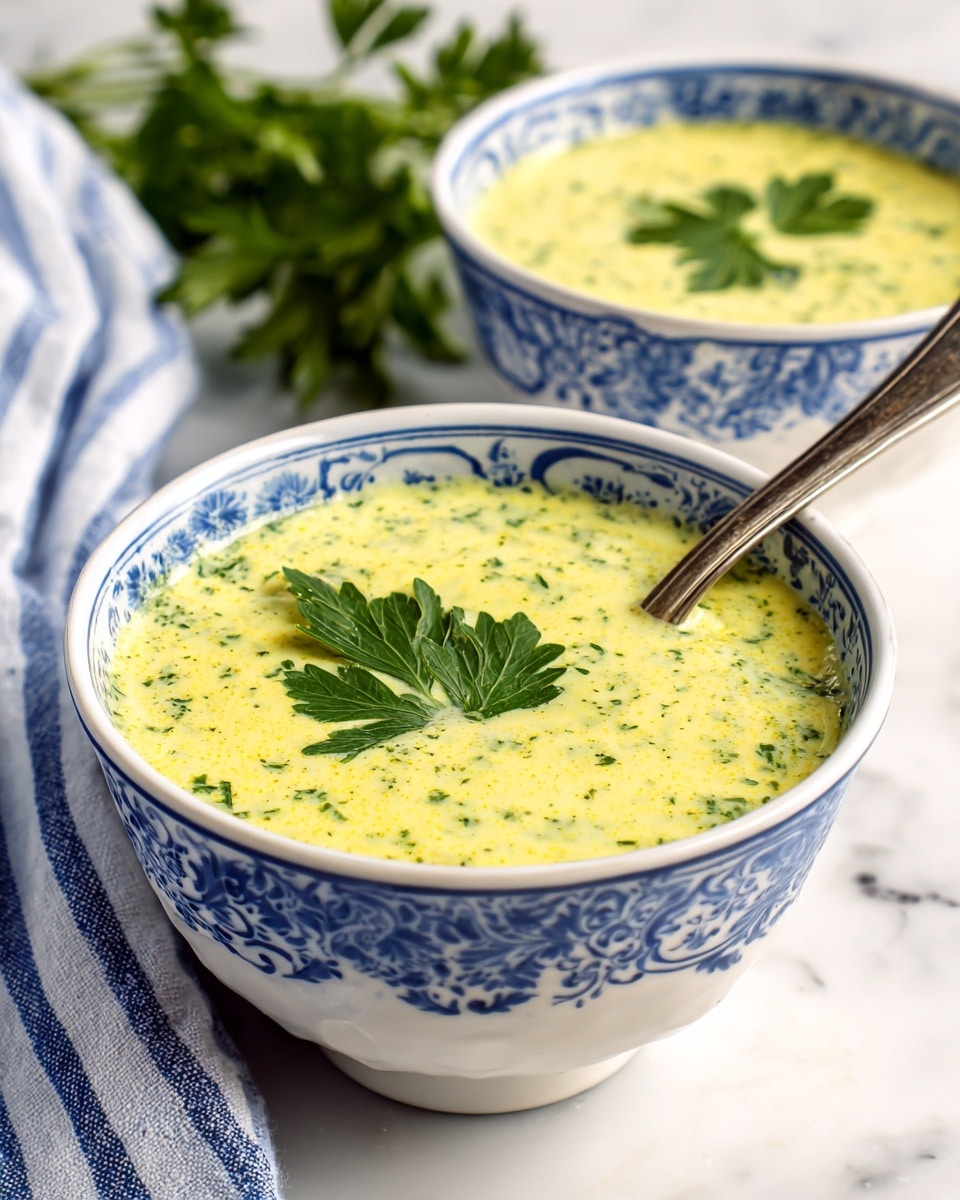 Two white bowls with blue patterns on the outside, each filled with creamy yellow-green soup that has small green flecks mixed in. On top of the soup, there is a fresh green leaf of parsley sitting in the center. A silver spoon is partially inside the front bowl, resting on the rim. The bowls are placed on a white marbled surface with some green leafy herbs in the background. A blue and white striped cloth is partially visible to the left of the front bowl. photo taken with an iphone --ar 4:5 --v 7