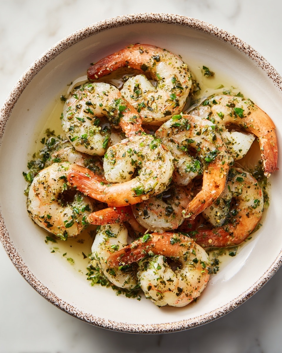 A shallow white bowl filled with about a dozen cooked shrimp arranged in a loose pile, each shrimp curled and showing an orange-pink shell with white flesh. The shrimp are glistening with a light green herb sauce that coats their textured surface, small bits of chopped herbs scattered evenly on top. The bowl rests on a white marbled surface, with reflections of the sauce giving a shiny, slightly oily look. Around the edges, the bowl has a speckled brown rim that contrasts softly with the shrimp and sauce. Photo taken with an iphone --ar 4:5 --v 7