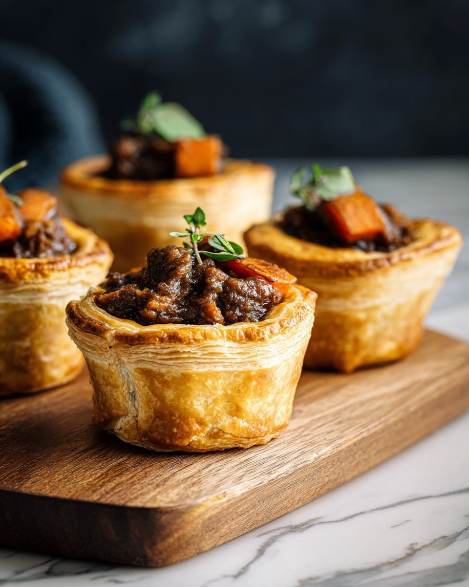 The image shows four mini meat pies arranged on a wooden board. Each pie has a golden, flaky crust forming a thick outer shell with visible layers of puff pastry. The pie centers are filled with dark brown, chunky meat stew mixed with orange carrot pieces, topped with a small green herb sprig, likely thyme, adding a fresh touch. The warm, glossy filling creates a nice contrast with the crisp pastry edge. The setting is on a white marbled surface with a blurred dark background, highlighting the pies. Photo taken with an iphone --ar 4:5 --v 7