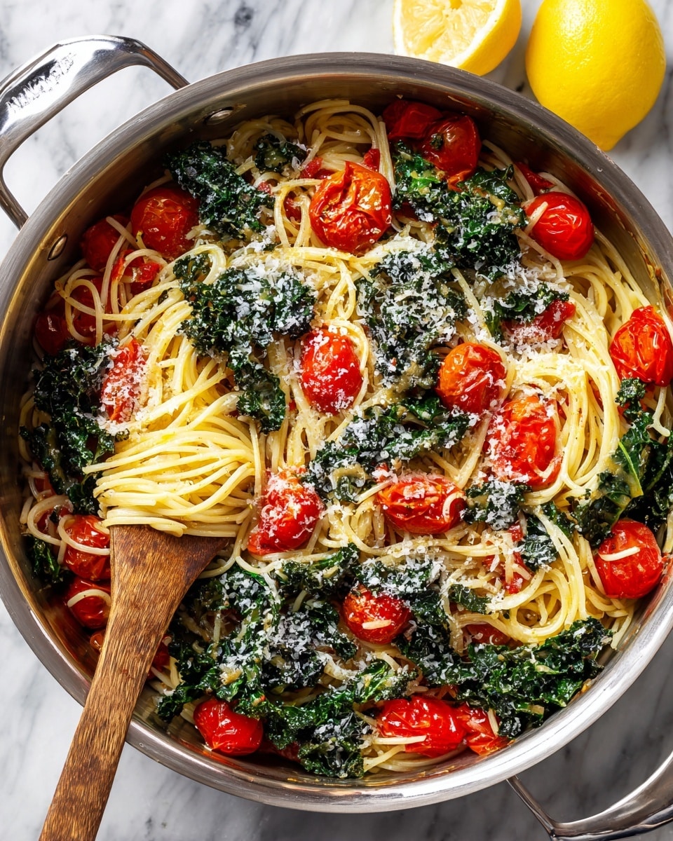 The image shows a pot filled with spaghetti pasta mixed with bright red cherry tomatoes and dark green kale leaves. The pasta strands are thin and light yellow, forming a tangled base layer. Among the pasta, whole and halved glossy cherry tomatoes add a pop of red color, scattered evenly throughout. The kale pieces are large and slightly wilted, adding texture and deep green color on top of the pasta. A small lemon wedge sits on the right side of the pot, and there is a sprinkling of grated white cheese across the dish. A wooden spoon rests inside the pot, with a portion of pasta wrapped loosely around it. The pot sits on a white marbled surface with a lemon half nearby. photo taken with an iphone --ar 4:5 --v 7