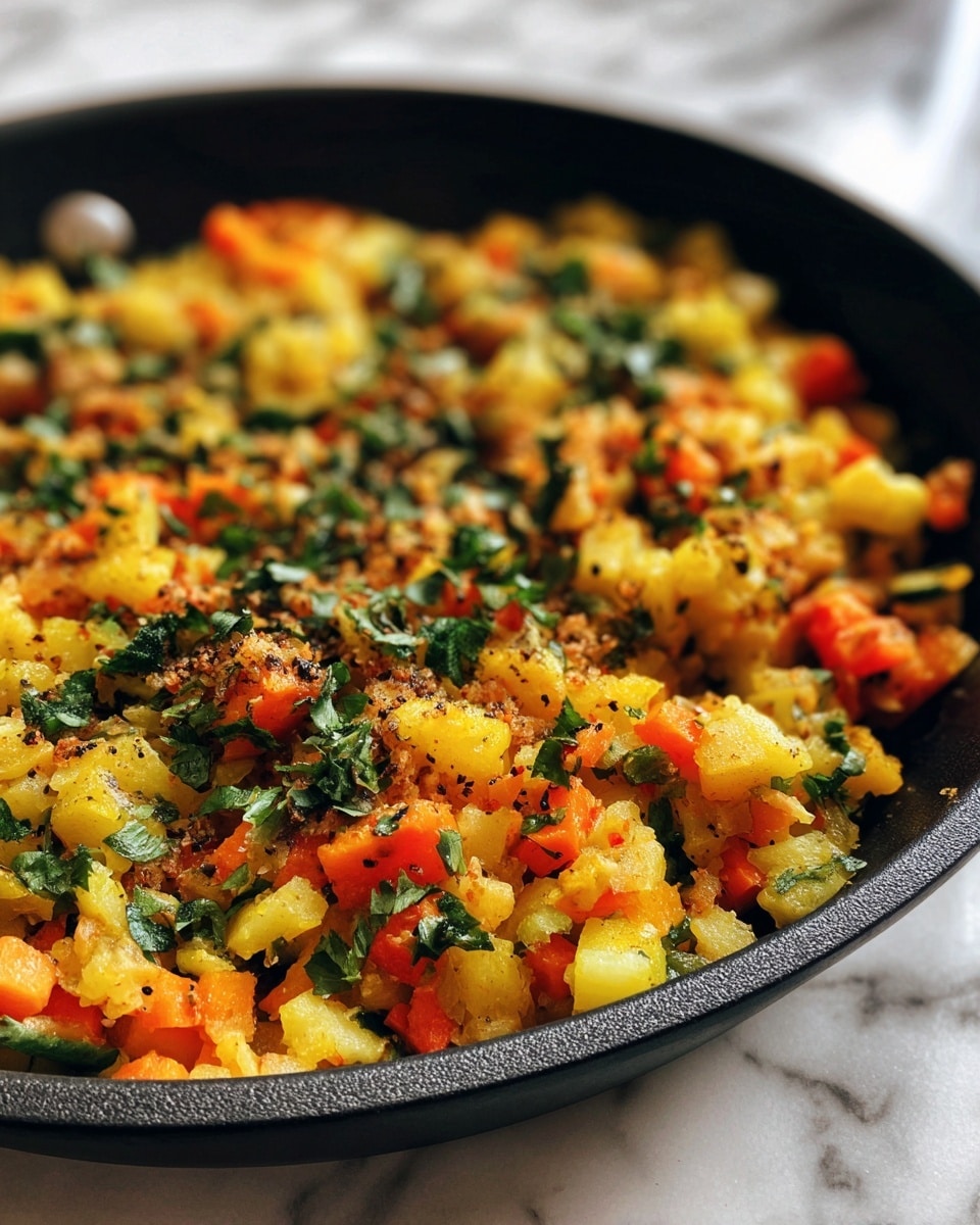 The image shows a black pan filled with two layers of diced food. The bottom layer has yellow, soft-looking cubes, and the top layer has orange cubes that are slightly translucent. There are small green leaves scattered on top, along with a light sprinkling of brown spice. The background is a white marbled texture. photo taken with an iphone --ar 4:5 --v 7