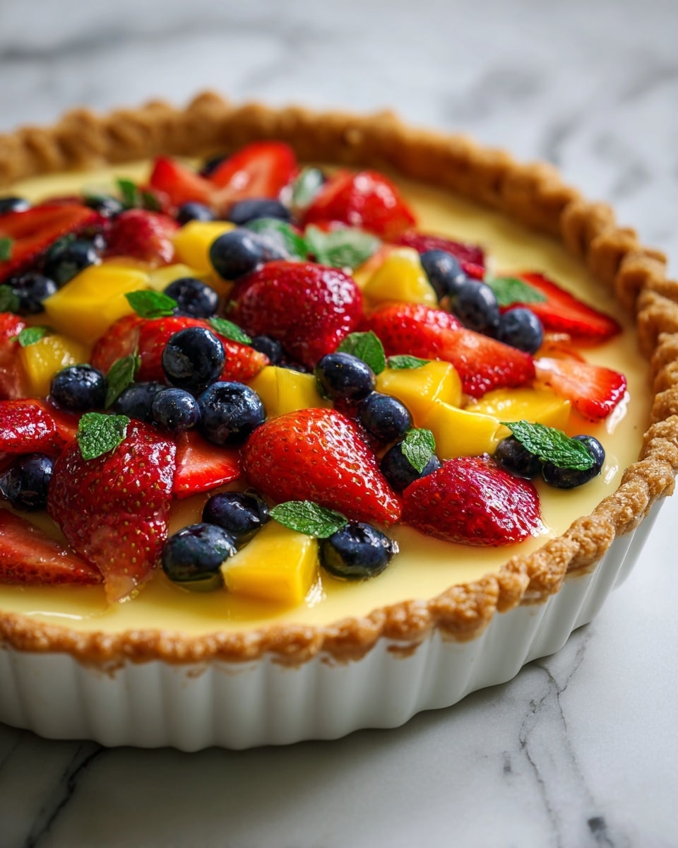 A close-up of a white bowl filled with a colorful fruit tart, showing a thick golden-brown flaky crust with twisted edges around the top. Inside, the tart has three layers: a smooth creamy pale yellow custard base, topped with evenly spread fresh fruit pieces including bright red strawberries, deep blue blueberries, and yellow mango chunks. Small green herb leaves are scattered on the fruit, adding a fresh touch. The bowl sits on a white marbled surface. Photo taken with an iphone --ar 4:5 --v 7