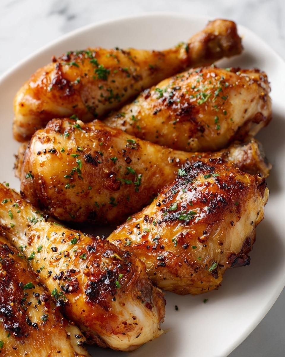 A close-up view of four roasted chicken drumsticks placed closely together on a white plate, each with a golden-brown skin that has a slightly crispy texture with specks of black seasoning and herbs. The drumsticks have a shiny, glazed appearance with tiny bits of charred seasoning adding texture, and the bone ends are visible at the bottom left. The background shows a soft-focused white marbled surface. photo taken with an iphone --ar 4:5 --v 7