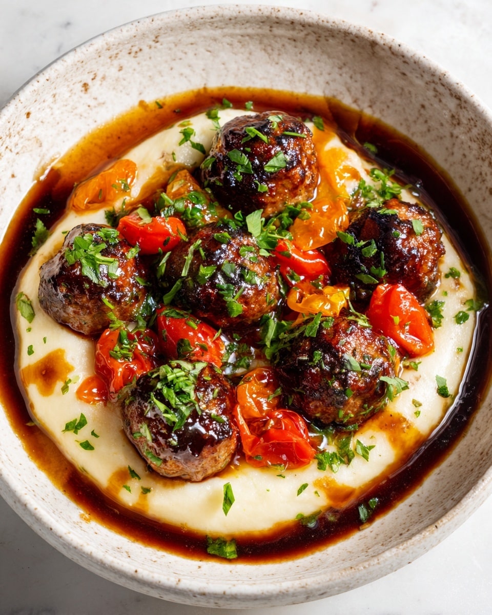 A bowl with a white marbled texture holds a dish made of three layers: the bottom layer consists of light beige creamy mashed potatoes with a soft and smooth texture, the middle layer features a glossy dark brown sauce that seeps into the mashed potatoes, and the top layer is arranged with seven browned meatballs with a slightly charred surface, mixed with orange-red roasted peppers and small red cherry tomato halves. The entire dish is sprinkled with bright green chopped herbs, adding a fresh look and color contrast. Photo taken with an iphone --ar 4:5 --v 7