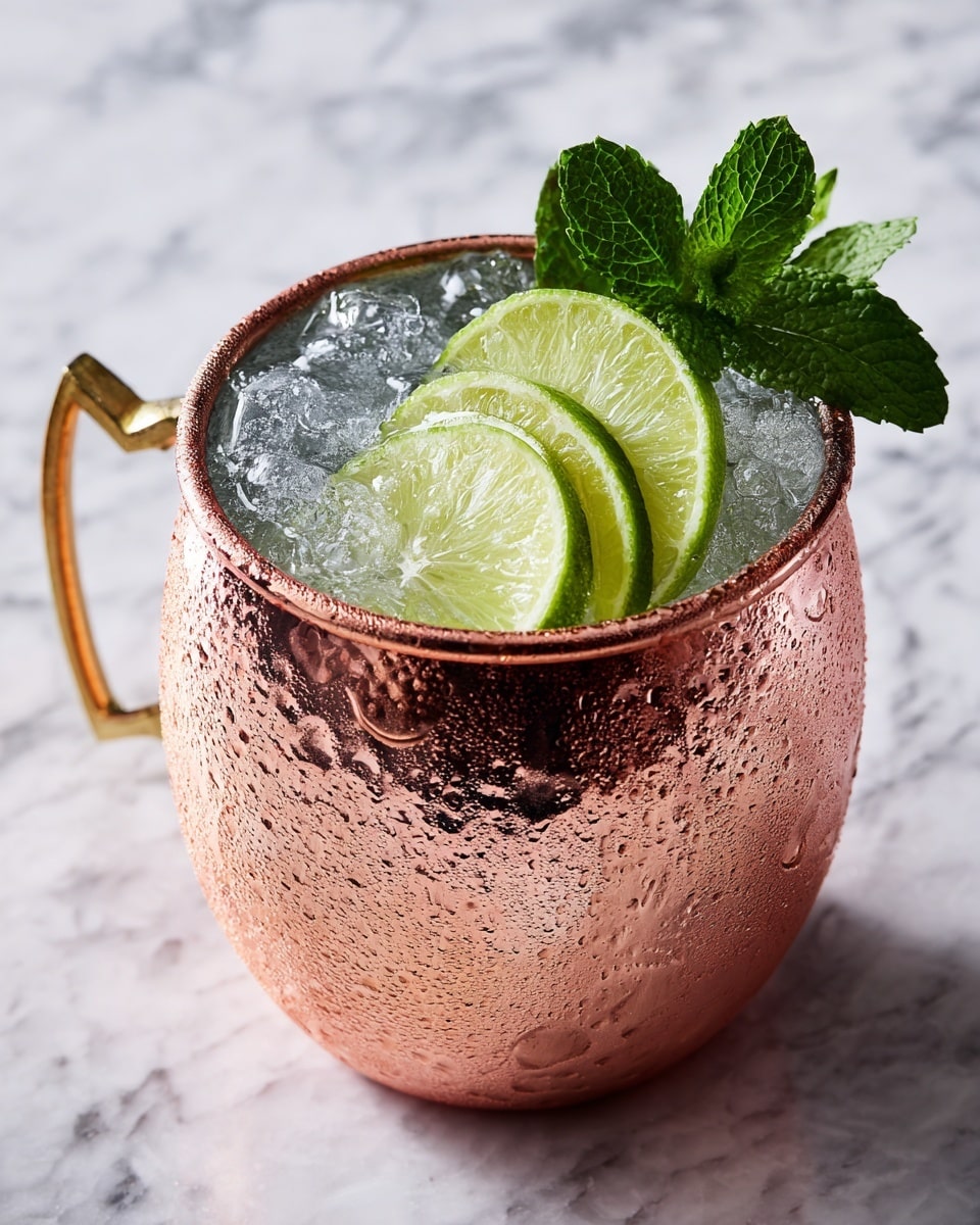 A copper cup filled with a fizzy, light brown drink with ice cubes floating on top, garnished with three thin green lime slices placed flat and slightly overlapping across the surface, and a small bunch of bright green mint leaves standing upright on one side inside the cup, all set on a white marbled surface. photo taken with an iphone --ar 4:5 --v 7