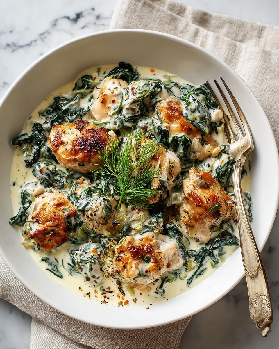 A white bowl filled with a creamy dish consisting of several browned, soft pieces of chicken mixed with wilted green spinach leaves, all coated in a white sauce with herbs and spices sprinkled on top. The dish is garnished with a small sprig of fresh dill in the center. The bowl is placed on a white marbled surface next to a fork resting on a beige cloth napkin. Photo taken with an iphone --ar 4:5 --v 7